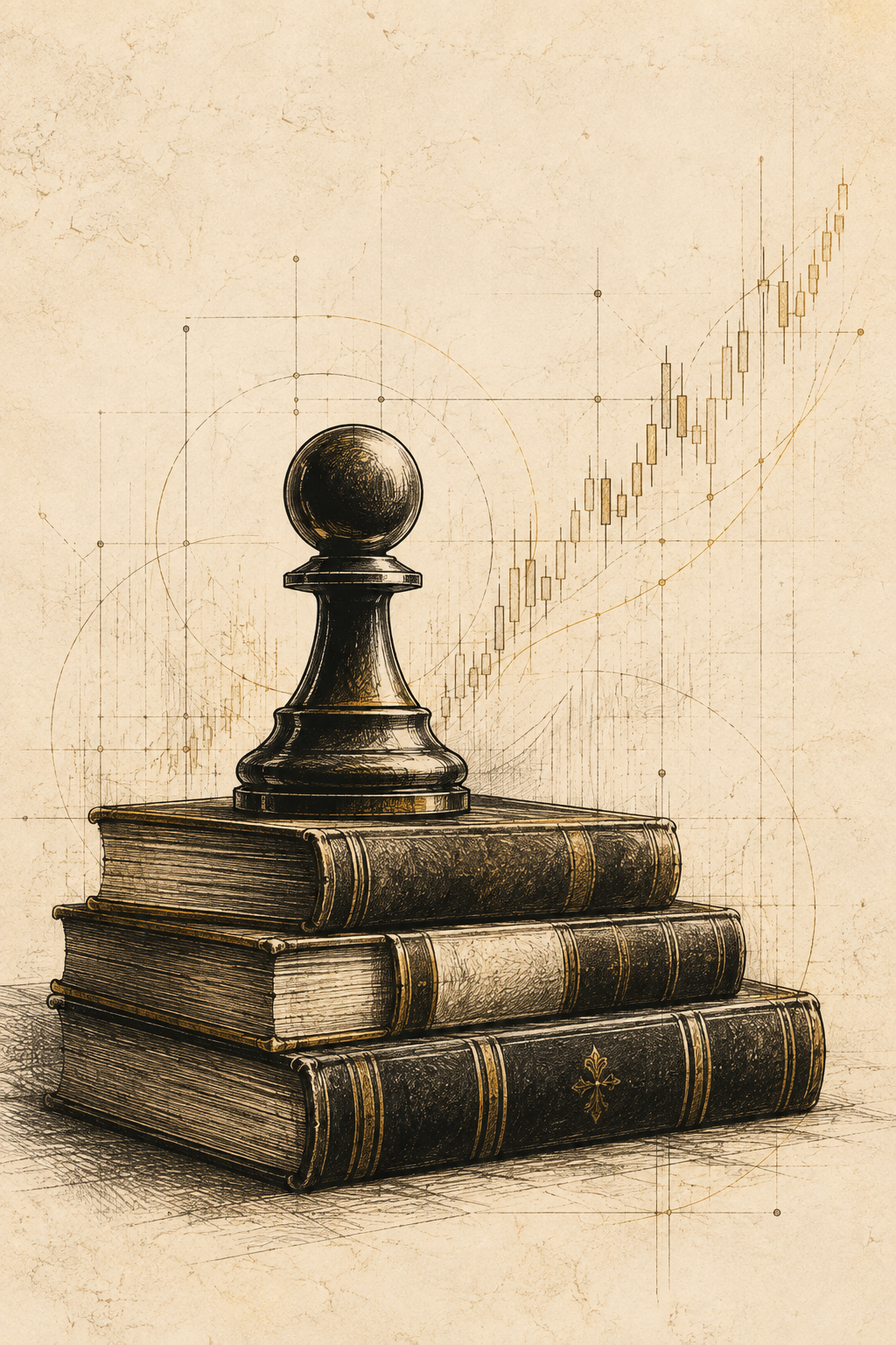 Engraved chess pawn on classical books with upward market structure