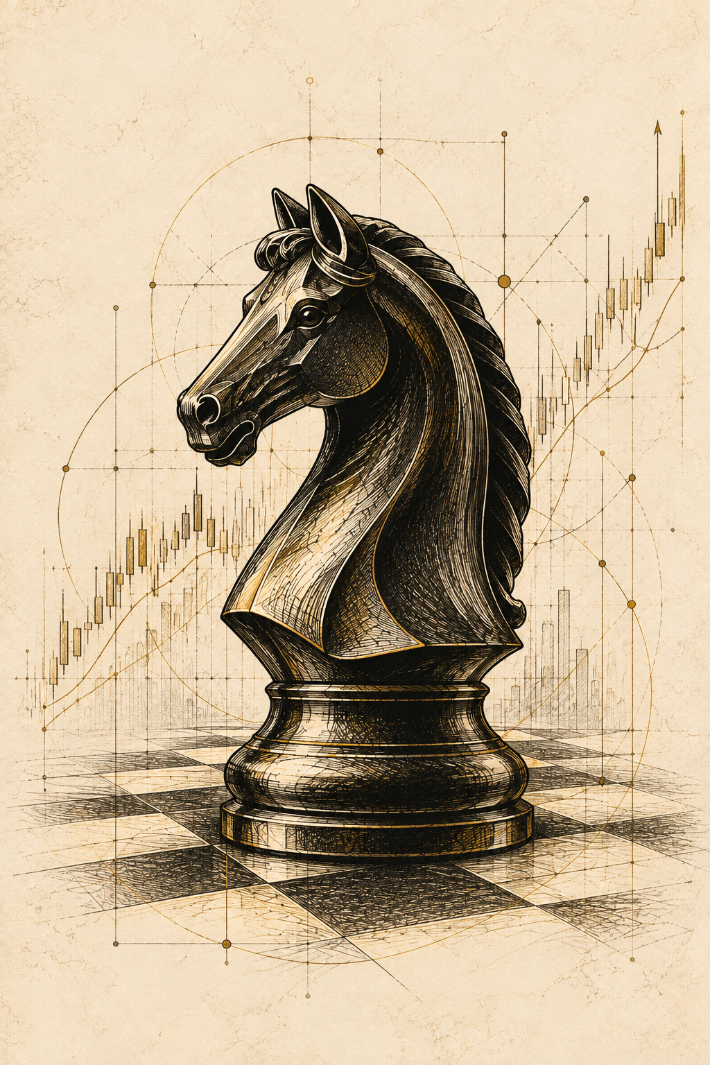 Engraved chess knight on chessboard with strategic market vectors