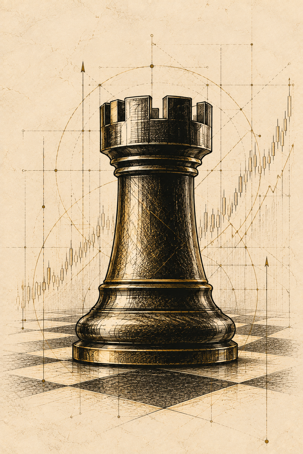 Engraved chess rook on chessboard with technical ascension grid