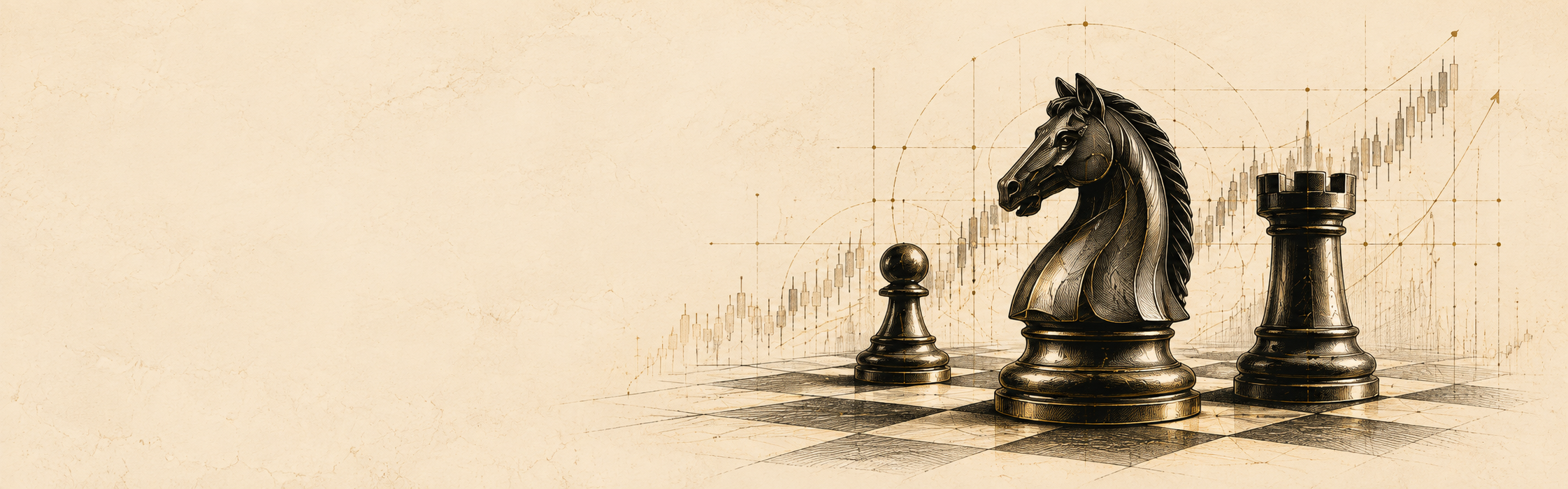 Vintage chess illustration showing pawn, knight, and rook with financial candlestick analysis and tactical notations